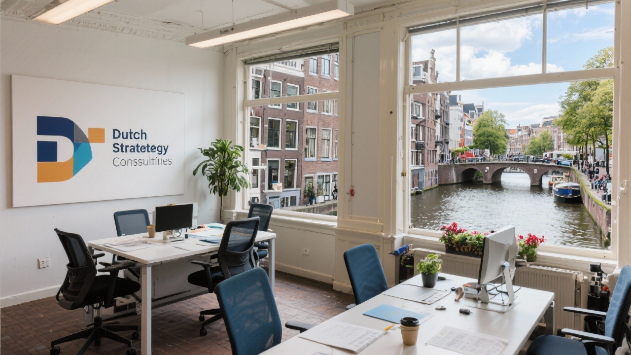 View of a classic Amsterdam canal office where Dutch Strategy Consult works with clients on strategic planning sessions overlooking the historic canal
