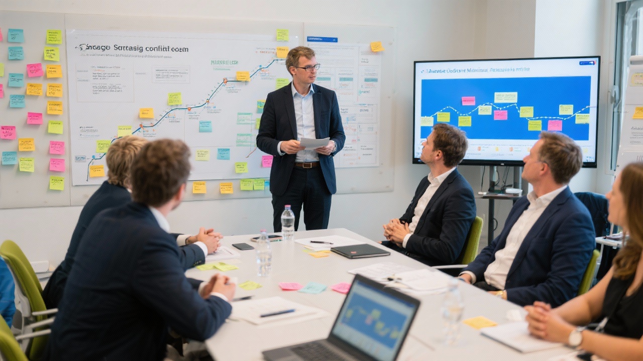 Strategic consultants facilitating a workshop with Dutch executives using sticky notes, digital boards, and roadmap templates to align on growth priorities