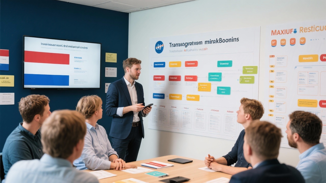 Change management facilitator guiding a Dutch operations team through a transformation playbook with interactive wall charts and action cards