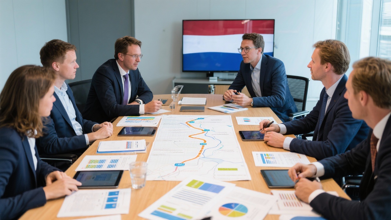 Strategic consultants discussing a roadmap with Dutch executives around a conference table filled with data reports and digital tablets