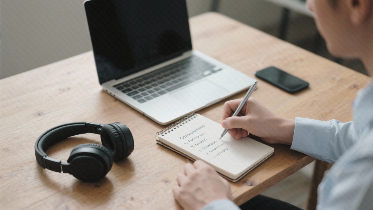 Consultant writing follow-up actions after a strategic consultation call, with laptop, notebook, and headset on a wooden desk